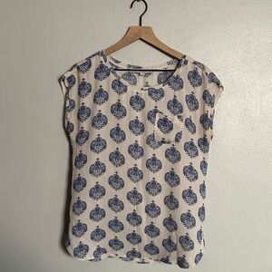 LOFT Navy and Cream Patterned Blouse